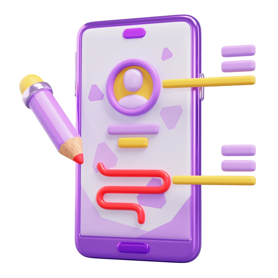 3D graphic of a phone with a pencil and multiple lines.
