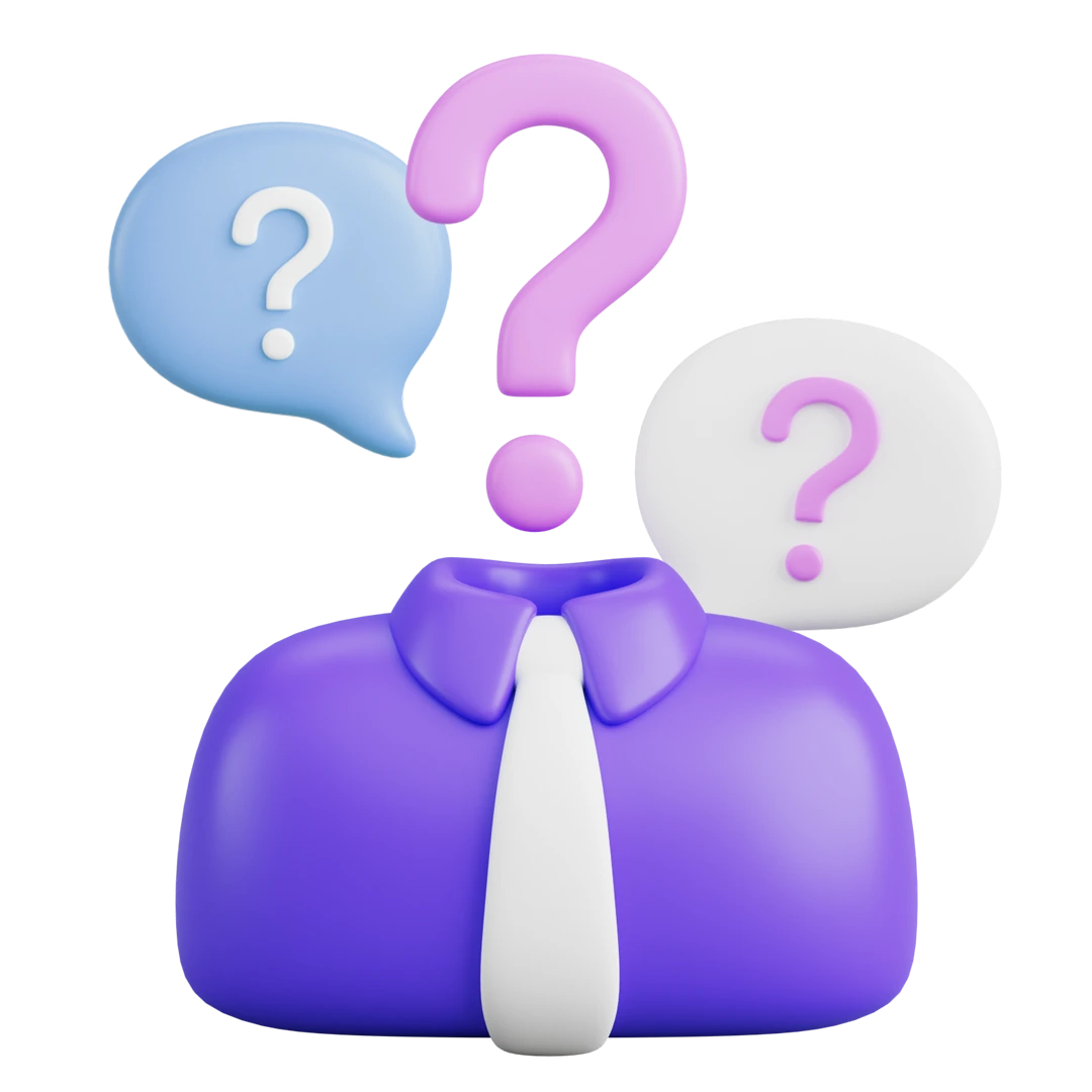 3D graphic of a suited torso and questions marks.