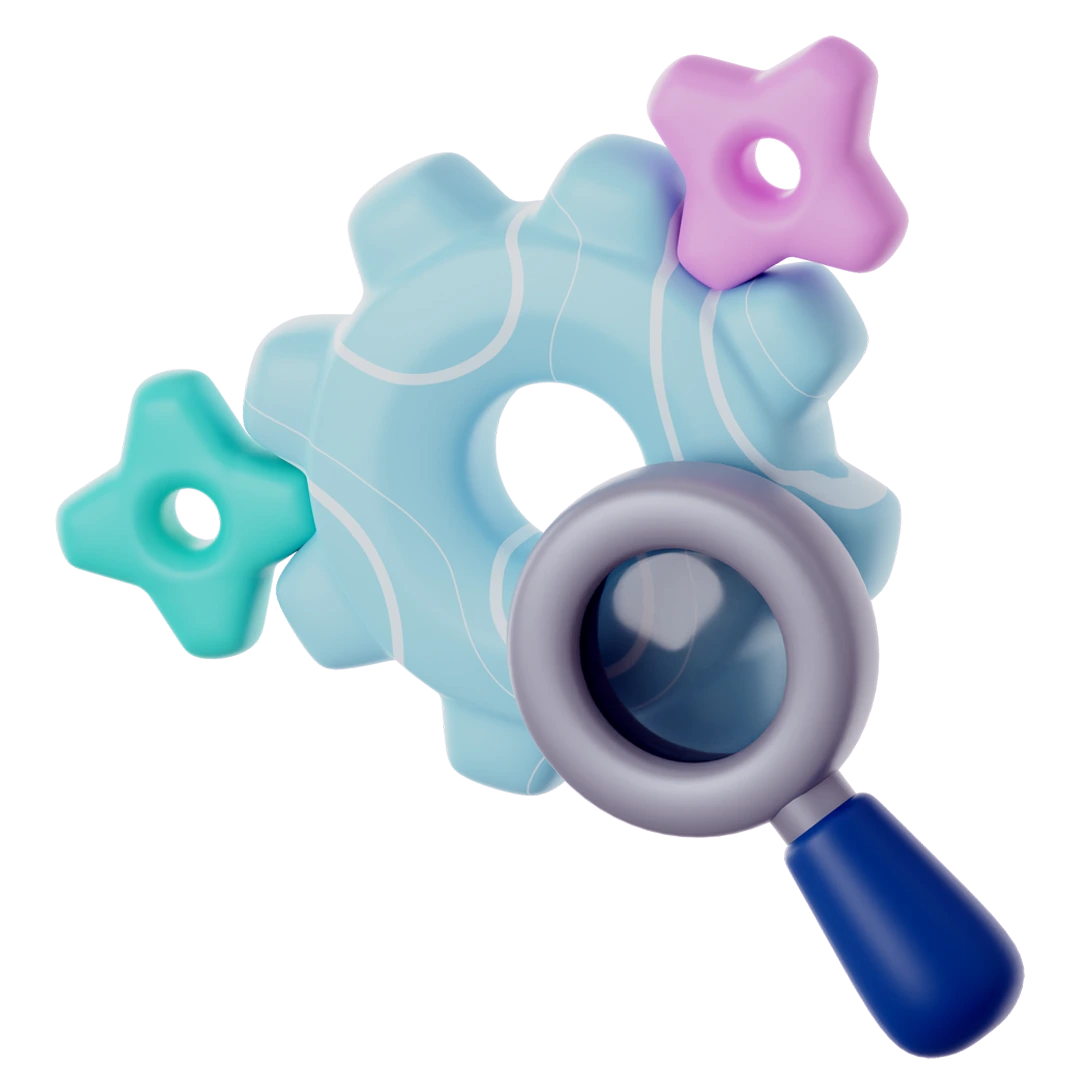 3D graphic of a magnifying glass and three gears.